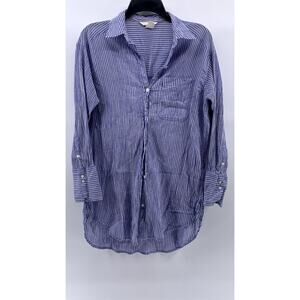 H&M Women's Blue Micro Stripe Oversized Button-Up Long Sleeve Tunic Top SZ XS
